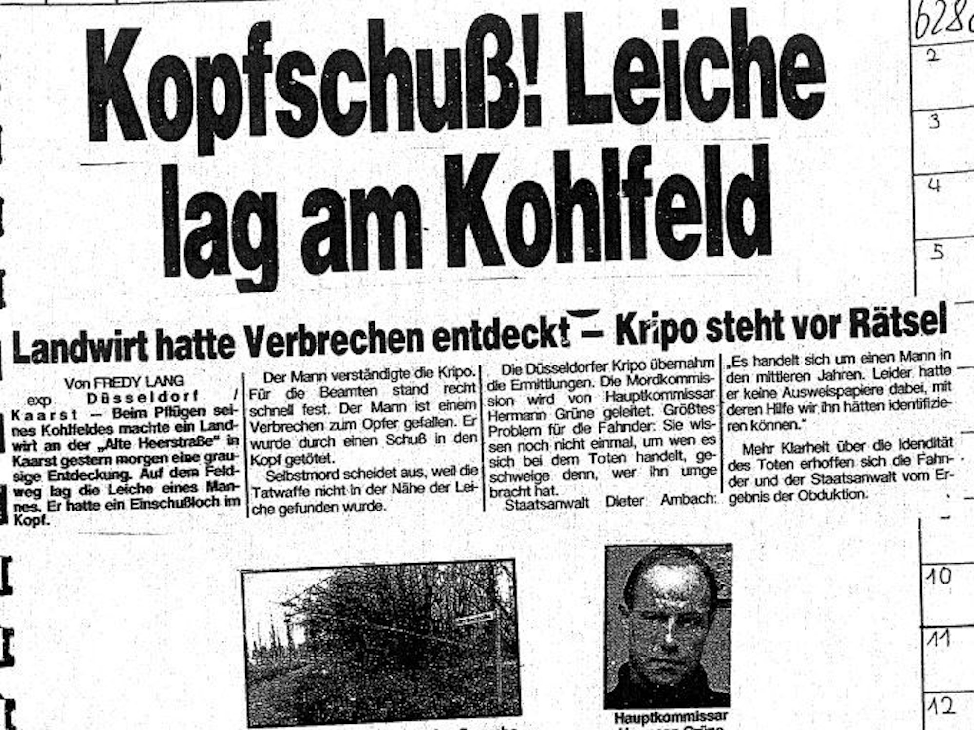 Ausriss eines EXPRESS-Artikels von 1992 über die Entdeckung einer männlichen Leiche auf einem Kohlfeld an der A 52 bei Kaarst.