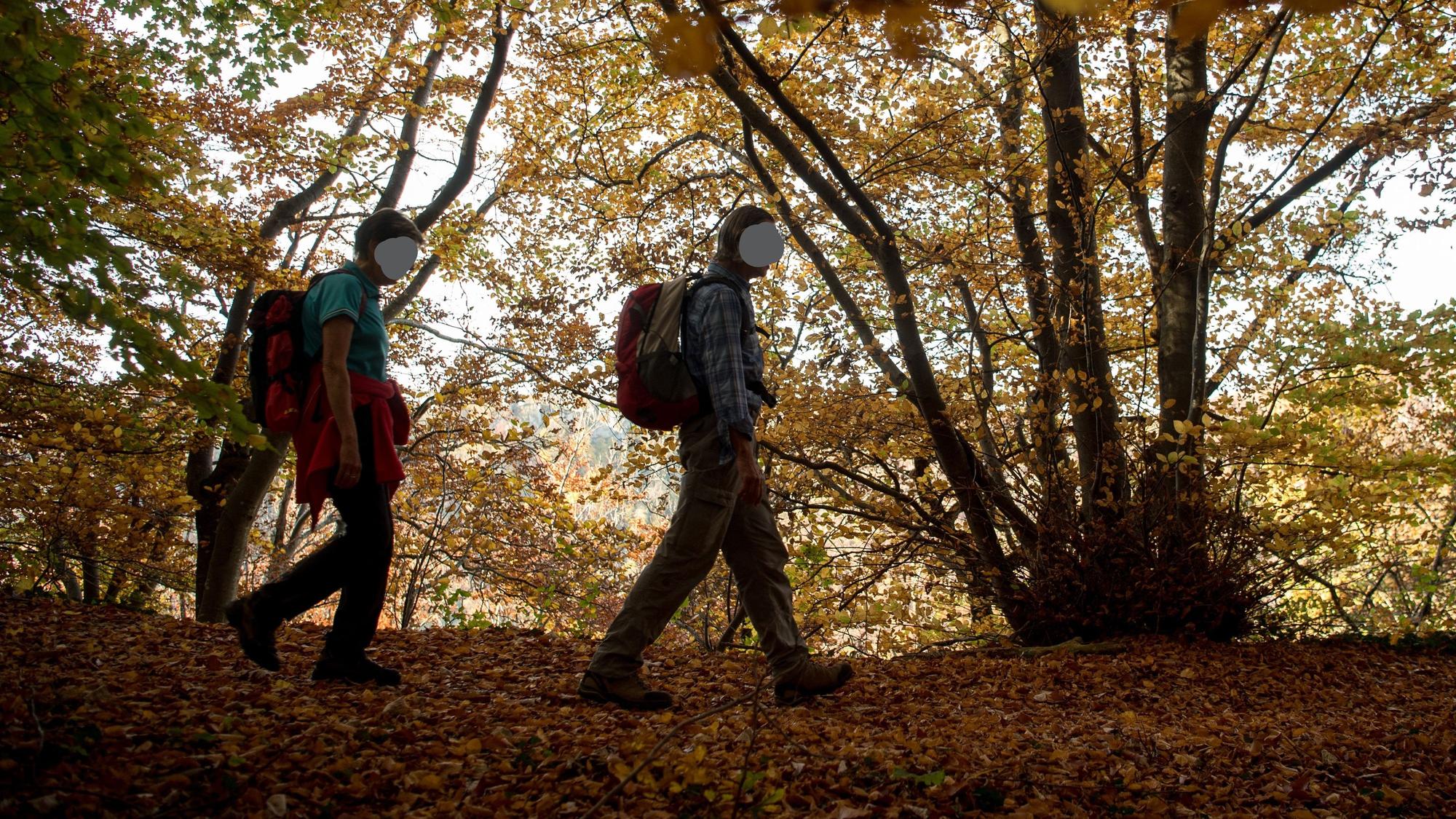 Eigentlich wollten sie nur im Urlaub Wandern – doch dann endete der Trip in NRW tödlich: Ein Mann stürzte am 23. Oktober 2021 40 Meter in die Tiefe. Seine Frau erlitt einen Schock. Unser Symbolbild zeigt ein Wanderer-Paar im Herbst 2017 in Baden-Württemberg.