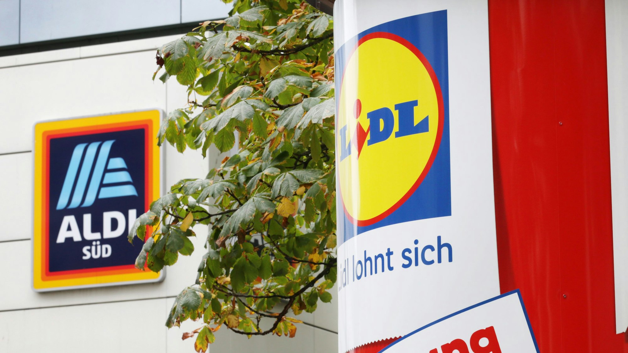 Auf einer Litfaßsäule prangt eine Lidl-Werbung, im Hintergrund ist eine Aldi-Filiale zu sehen.