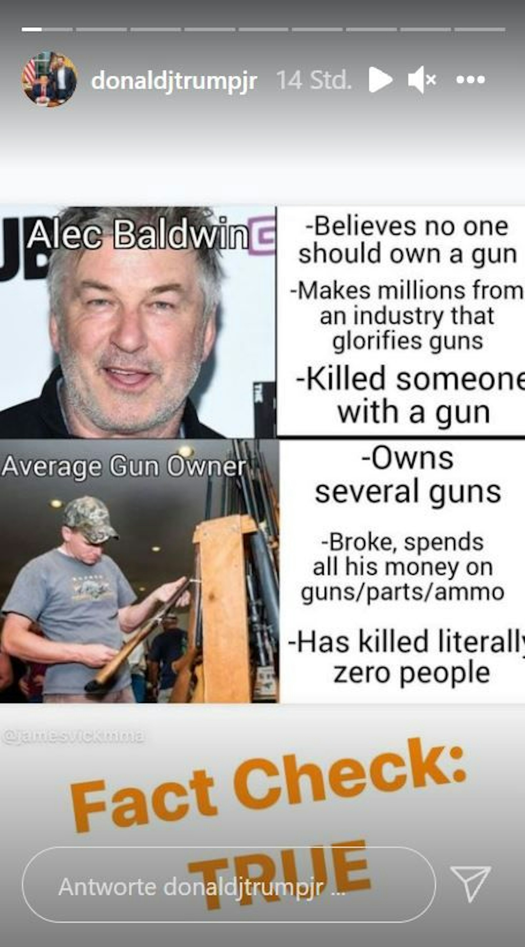 Der Screenshot zeigt eine Instagram-Story von Donald Trump Jr., in der er gegen Alec Baldwin wettert.