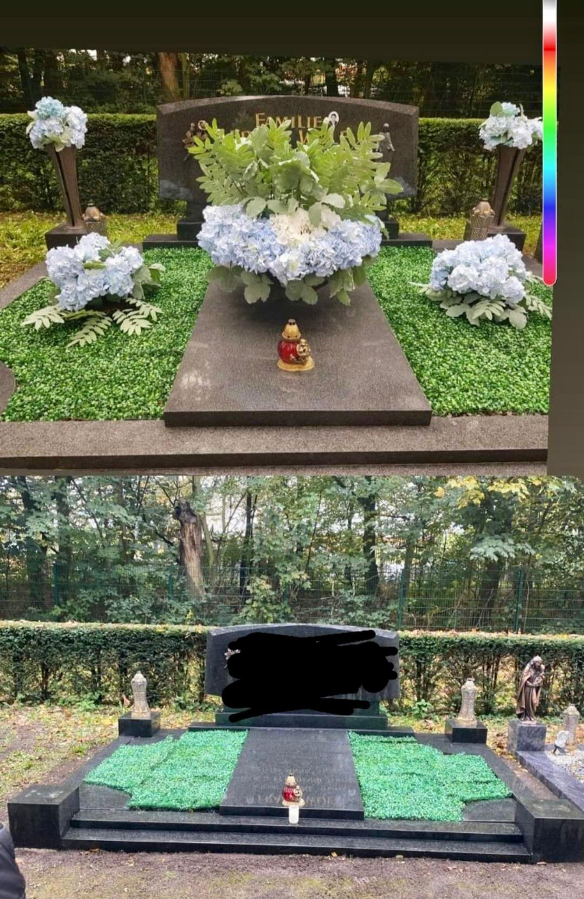 Grabschändung auf Kölner Westfriedhof, ein Vorher-Nachher-Foto.