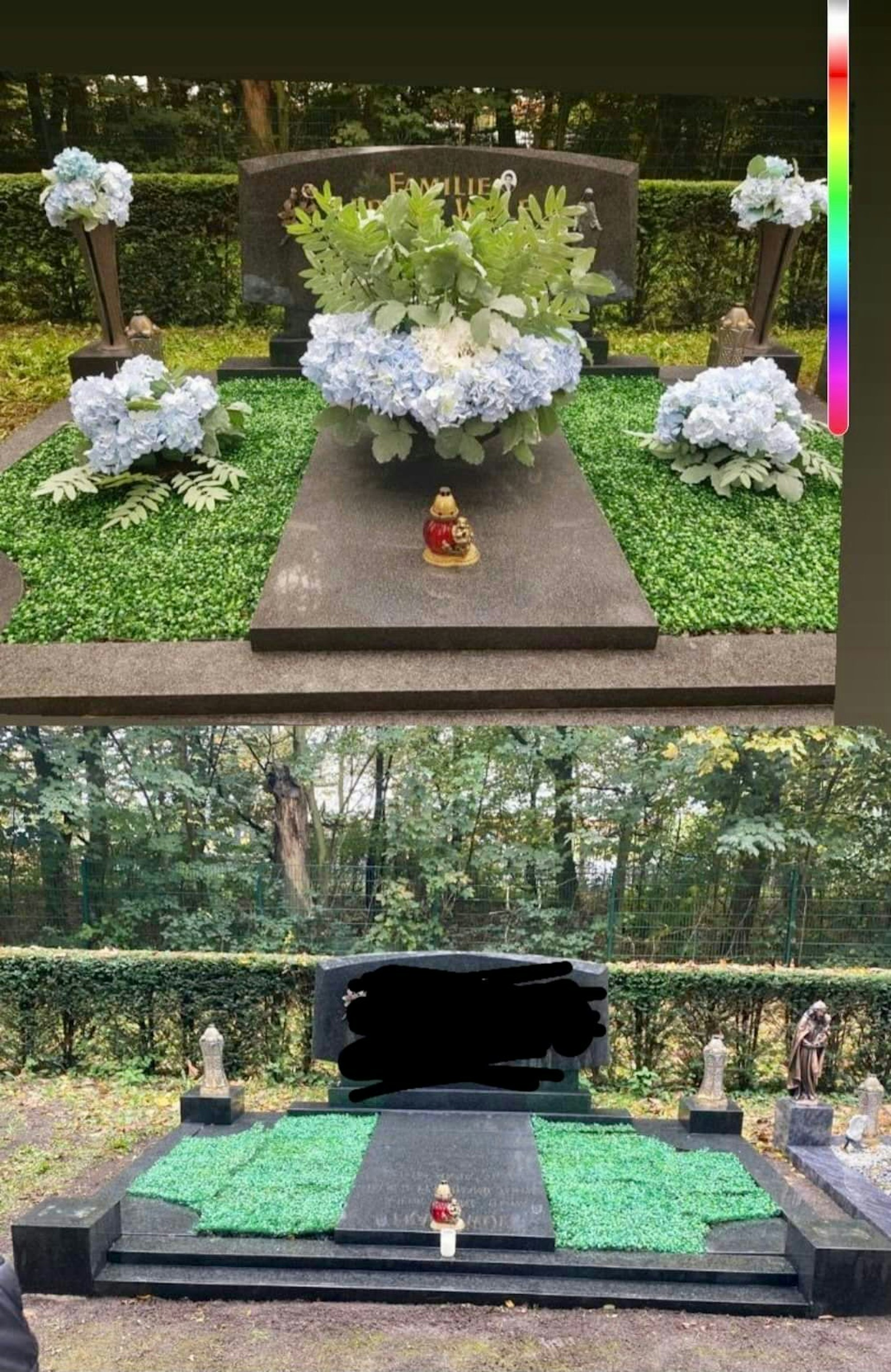 Grabschändung auf Kölner Westfriedhof, ein Vorher-Nachher-Foto.