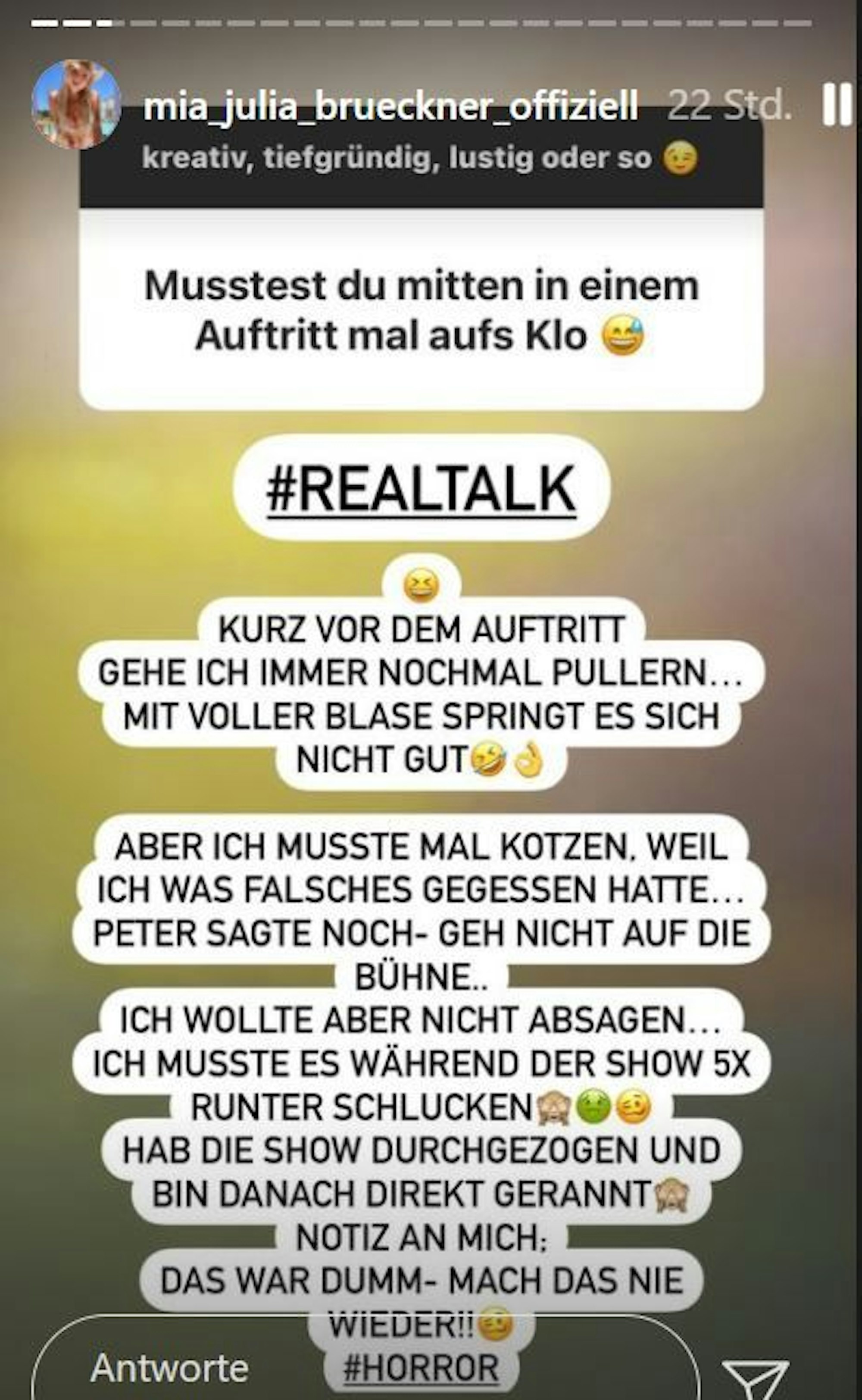 Mia Julia hat in ihrer Instagram Story ein Q&A veranstaltet und gestanden, dass sie sich schon einmal auf der Bühne übergeben musste. Screenshot zur Berichterstattung aus der Instagram Story vom 28. Oktober.