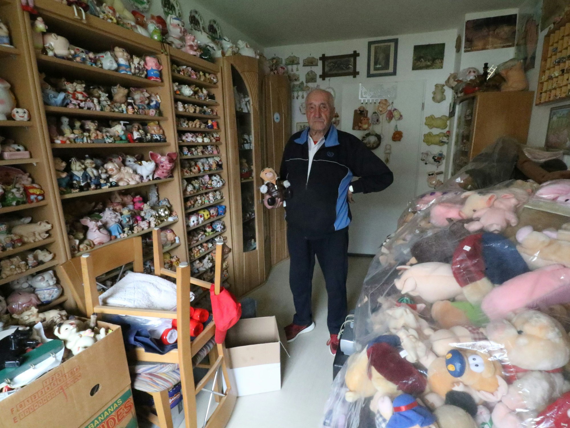 Rudolf Lausberg steht in einem Zimmer mit Regalen mit Schweine-Figuren.