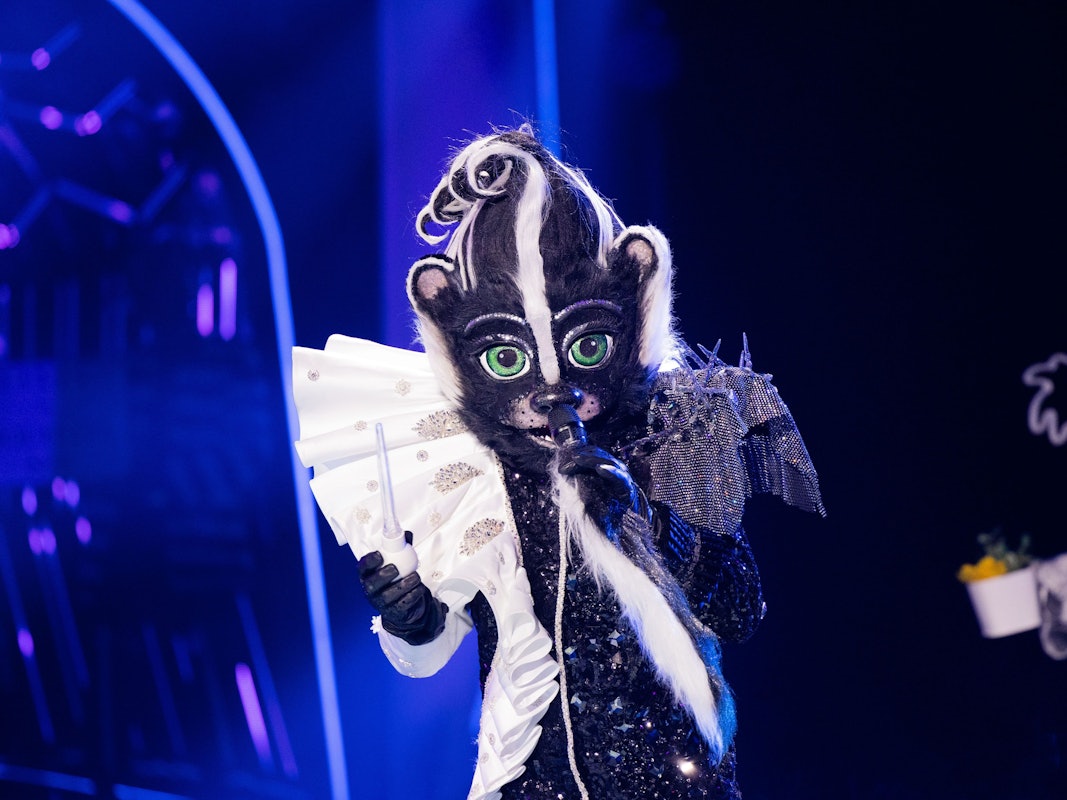 Die Figur "Das Stinktier" steht am 30.10.2021 in der Prosieben-Show "The Masked Singer" auf der Bühne.Dahinter verbirgt sich Peter Kraus.
