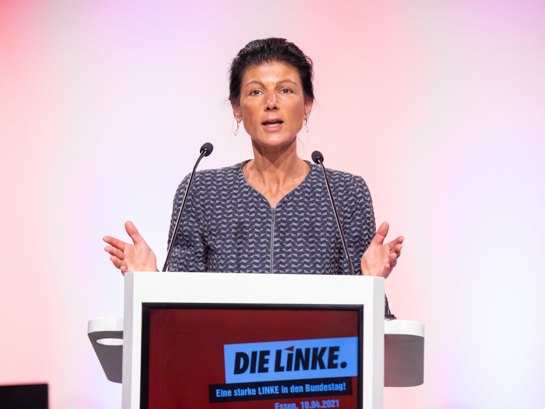 Sahra Wagenknecht (Linke) spricht bei einer Online-Versammlung im April 2021.