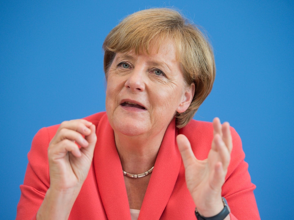 Bundeskanzlerin Angela Merkel (CDU) äußert sich auf einer Pressekonferenz am 31.08.2015 zu aktuellen Themen der Innen- und Außenpolitik. Als Merkel hier «Wir schaffen das» sagt, ist sie sich in keiner Weise bewusst, dass dies ihr bekanntester Satz werden wird.