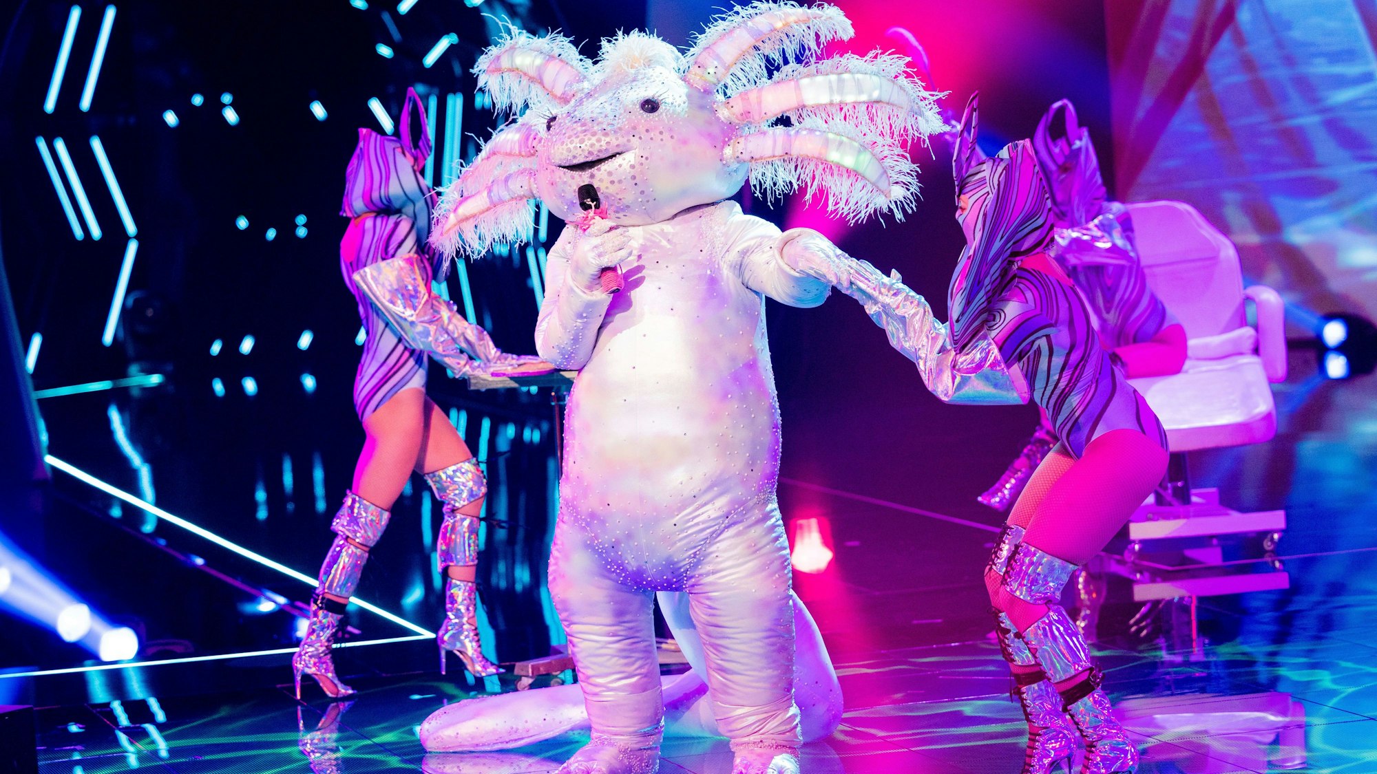 Das Axolotl steht in der „ProSieben“-Show „The Masked Singer“ auf der Bühne.