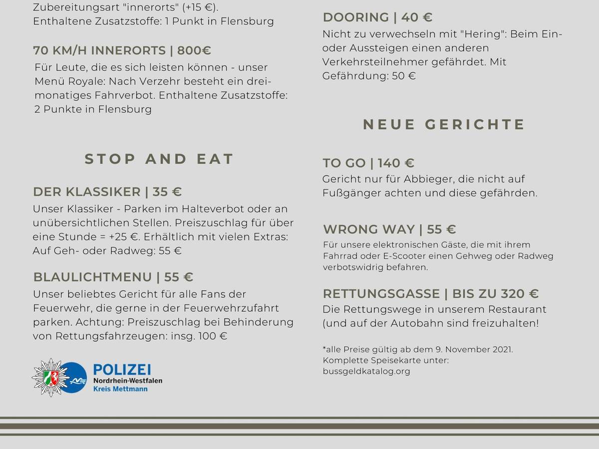 Bußgeldkatalog der Polizei Mettmann als Speisekarte