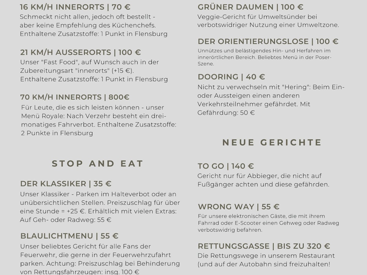 Bußgeldkatalog der Polizei Mettmann als Speisekarte