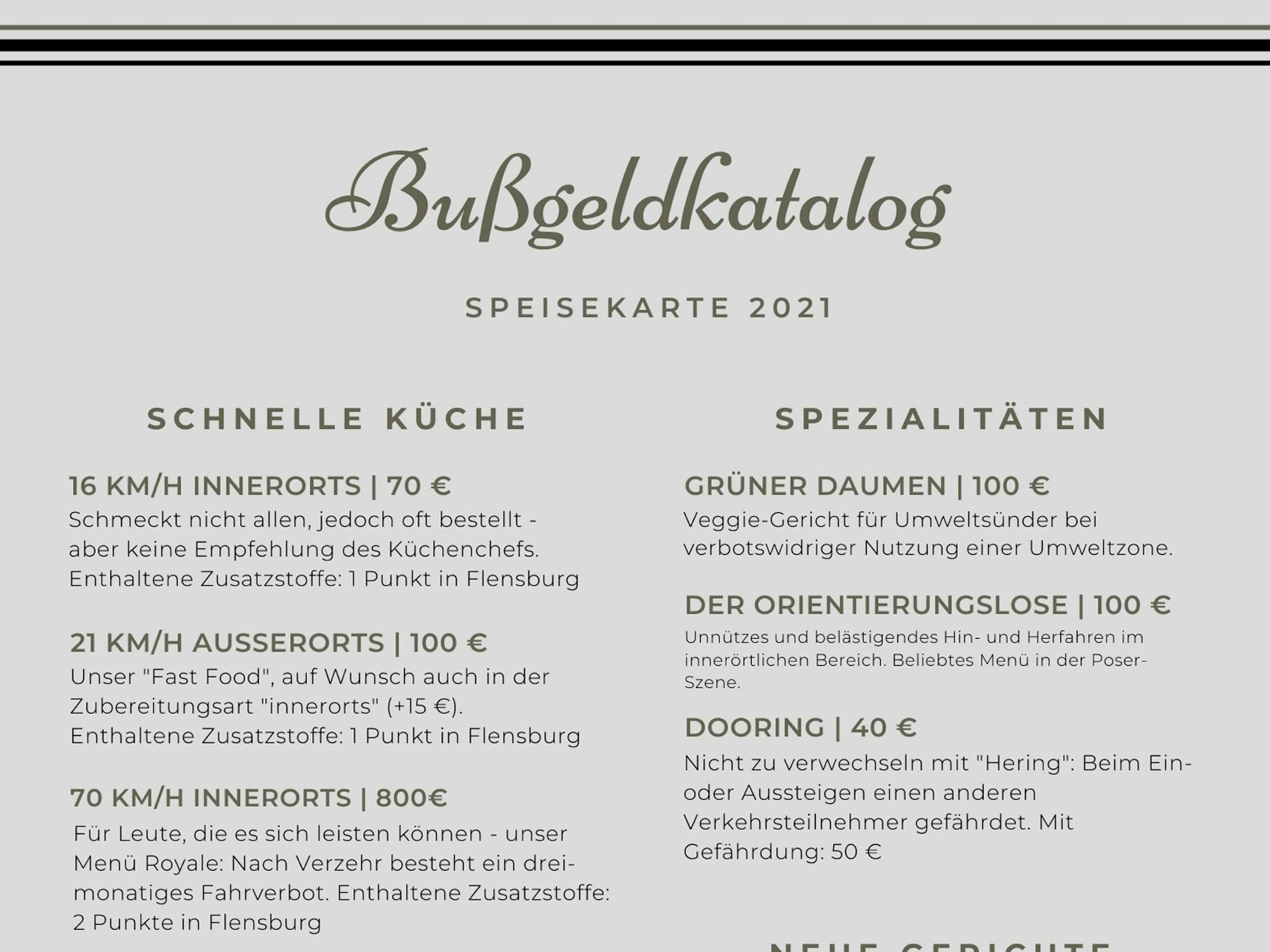 Bußgeldkatalog der Polizei Mettmann als Speisekarte