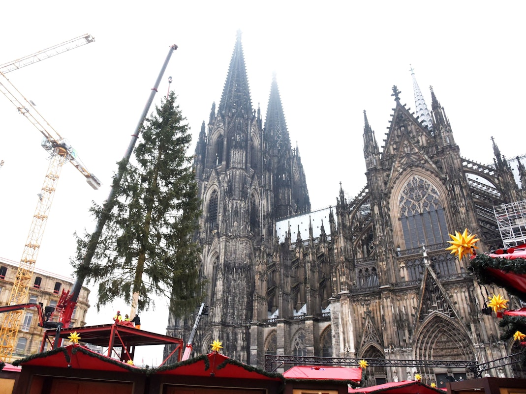 Auf dem Roncalliplatz wird der Weihnachtsbaum für den Weihnachtsmarkt 2021 aufgestellt.
