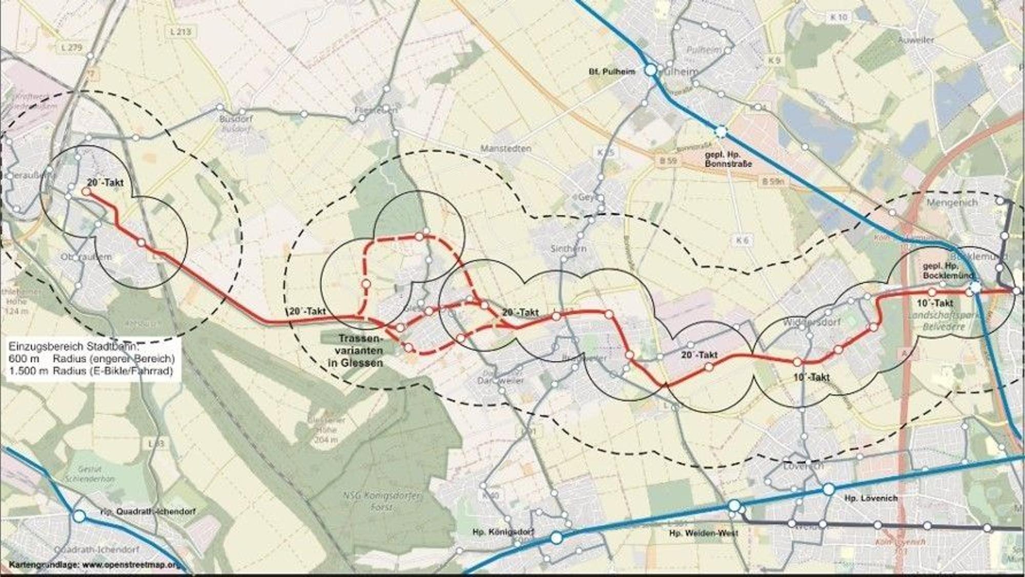 Karte mit möglichem Linienplan der Linie 4