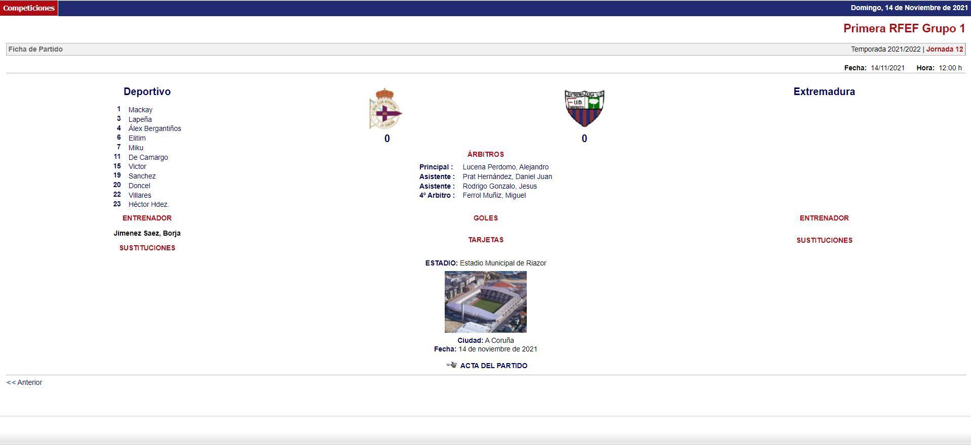 Der Spielberichtsbogen für das spanische Drittliga-Spiel zwischen Deportivo La Coruña und Extremadura UD