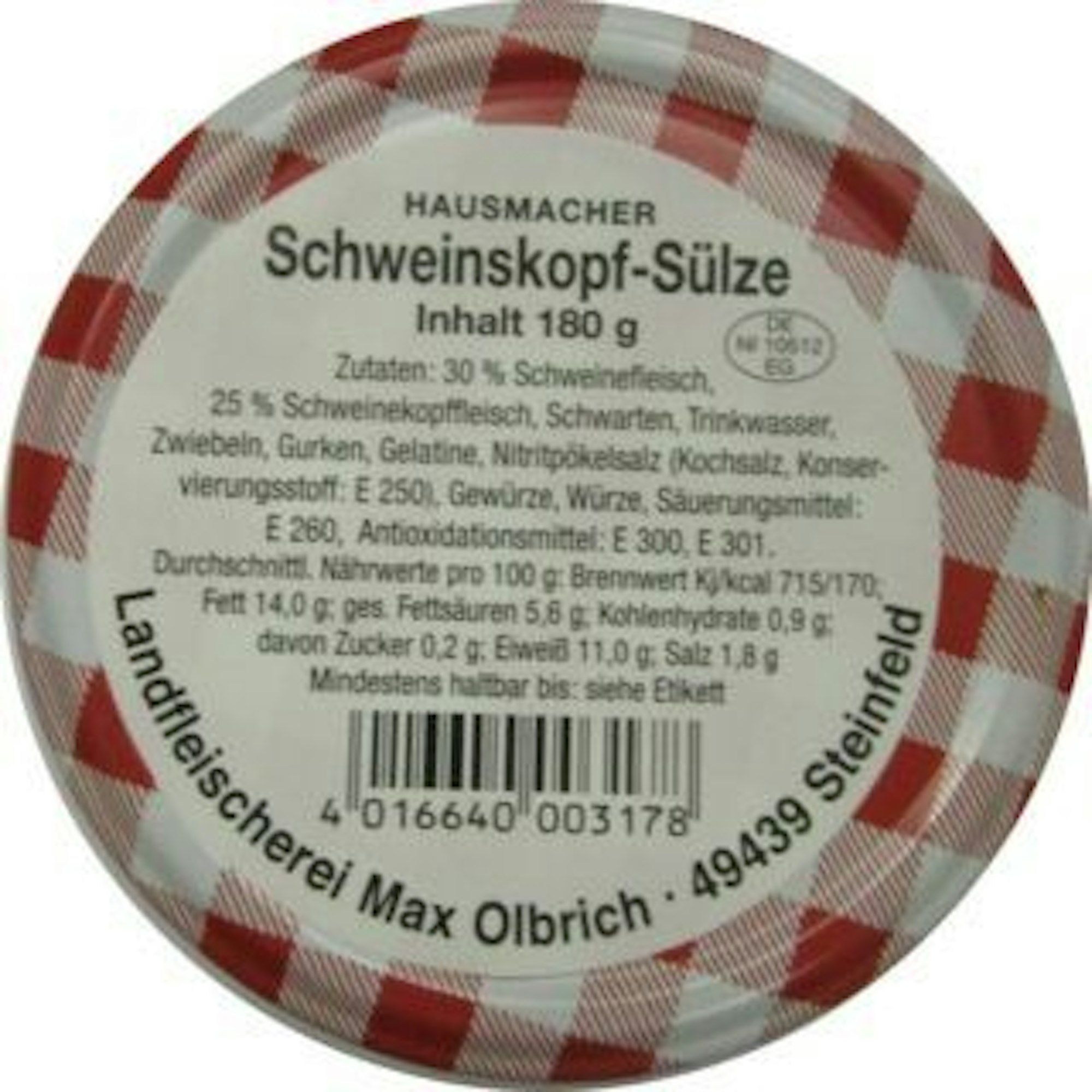Das Produkt Hausmacher Schweinskopf-Sülze im Glas, hergestellt von der Landfleischerei Max Olbrich wird zurückgerufen.