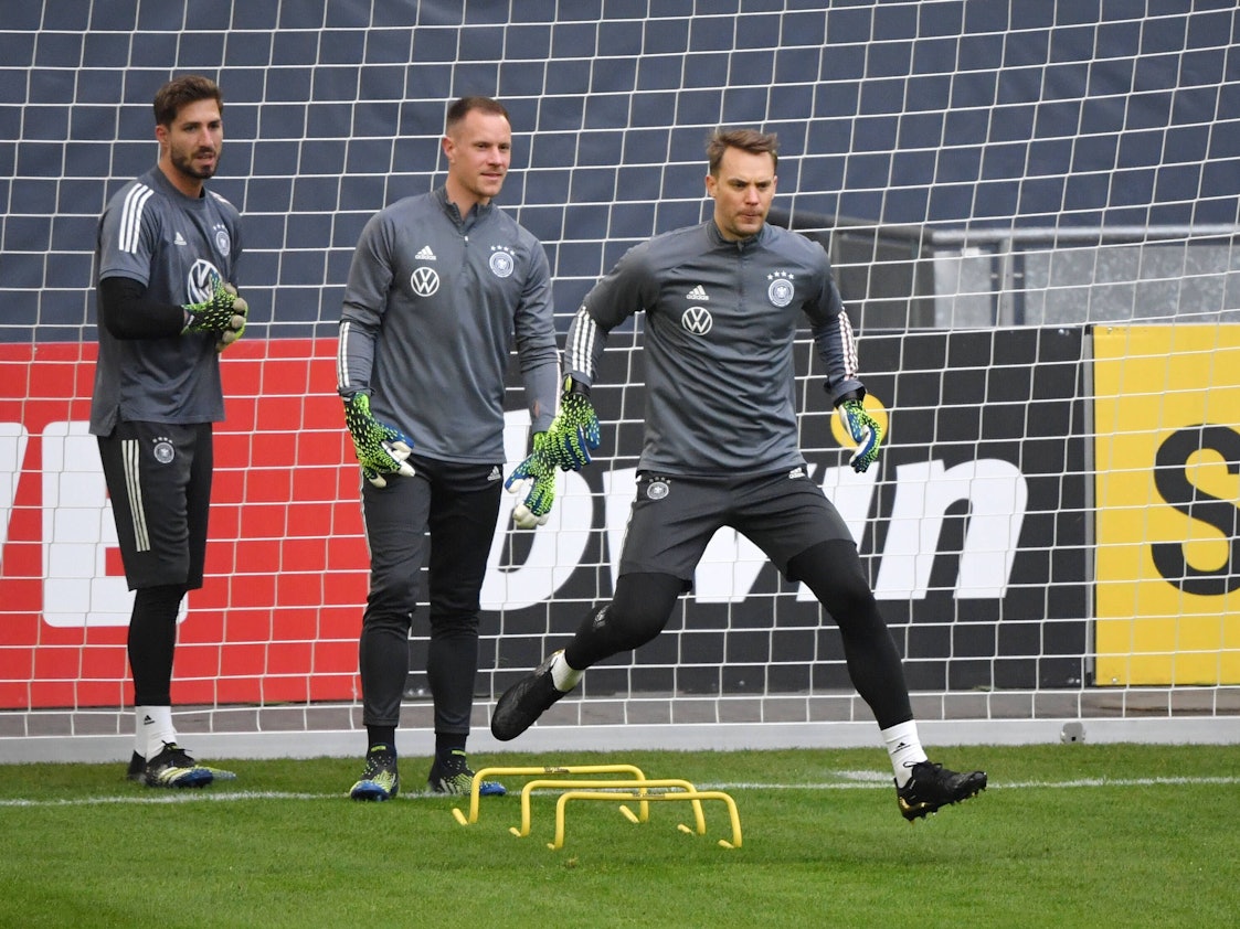Kevin Trapp, Marc Andre ter Stegen und Manuel Neuer im Training der deutschen Nationalmannschaft