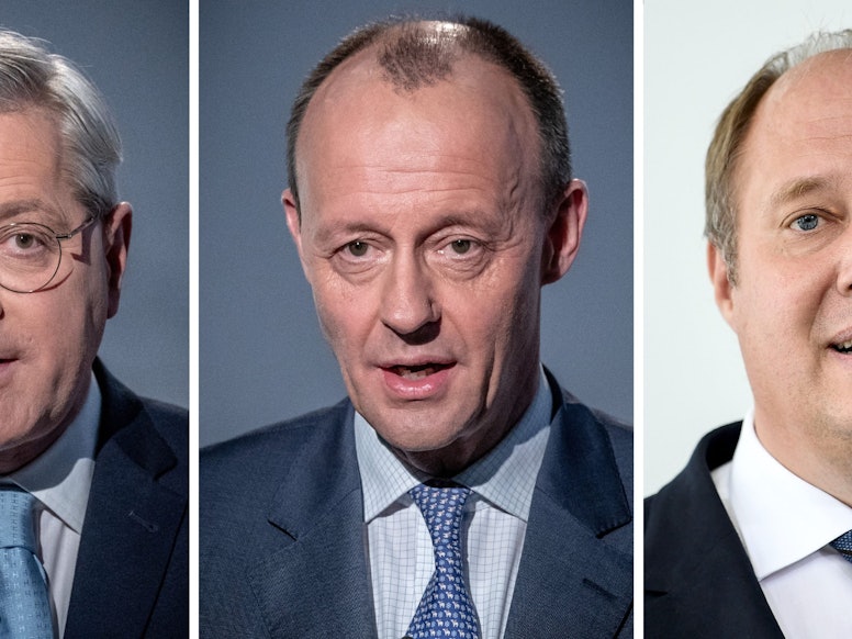 Die CDU-Politiker Norbert Röttgen (l-r) Friedrich Merz, aufgenommen jeweils am 08.01.2021, und Helge Braun, aufgenommen am 27.07.2020 bewerben sich für die Nachfolge von Armin Laschet als CDU-Chef.