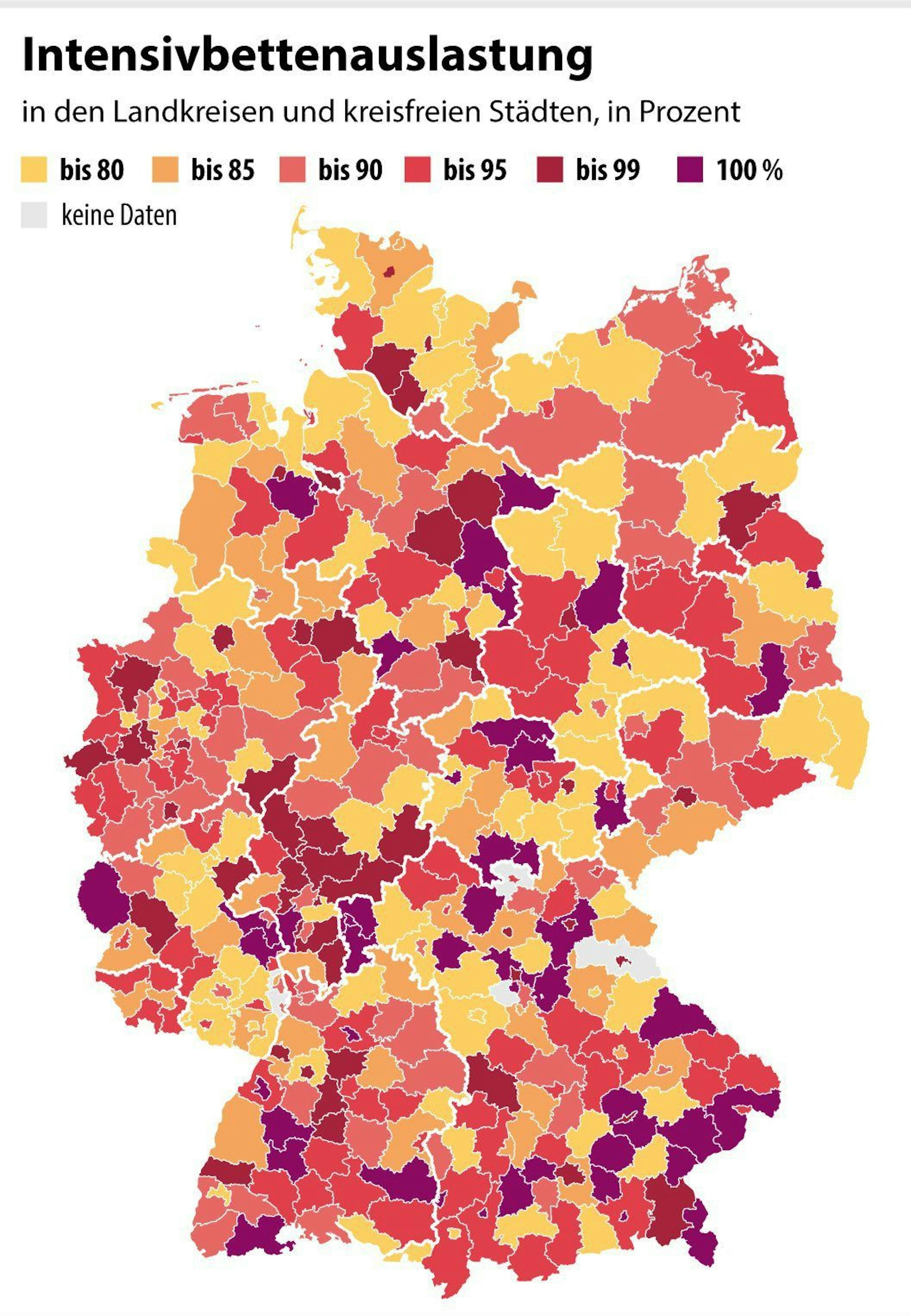 Die Karte zeigt die Auslastung der Intensivbetten in den Landkreisen am 18.11.
