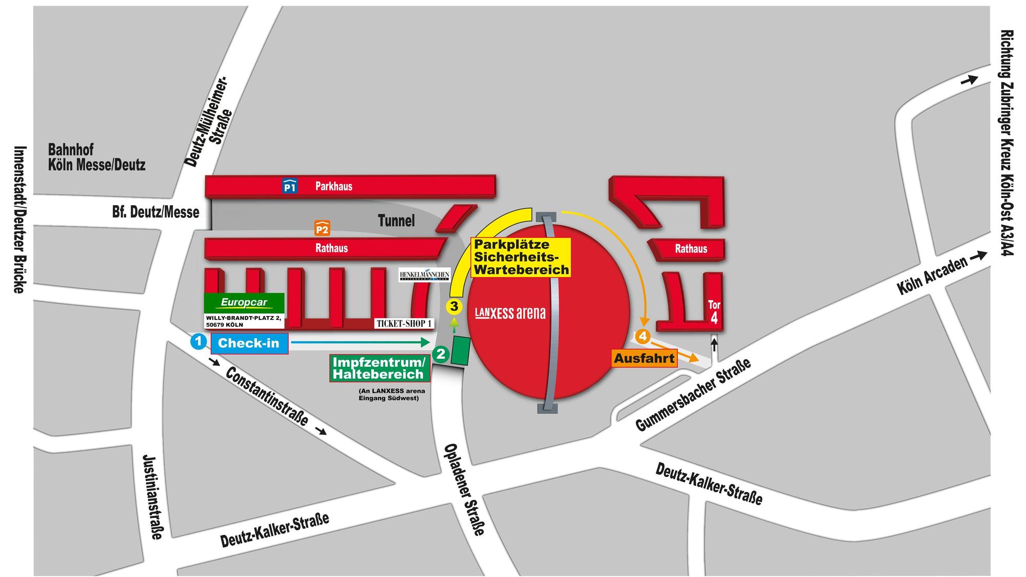 Köln: Skizze und Zufahrt zum neuen Impfzentrum der Stadt an der LANXESS Arena in Köln.