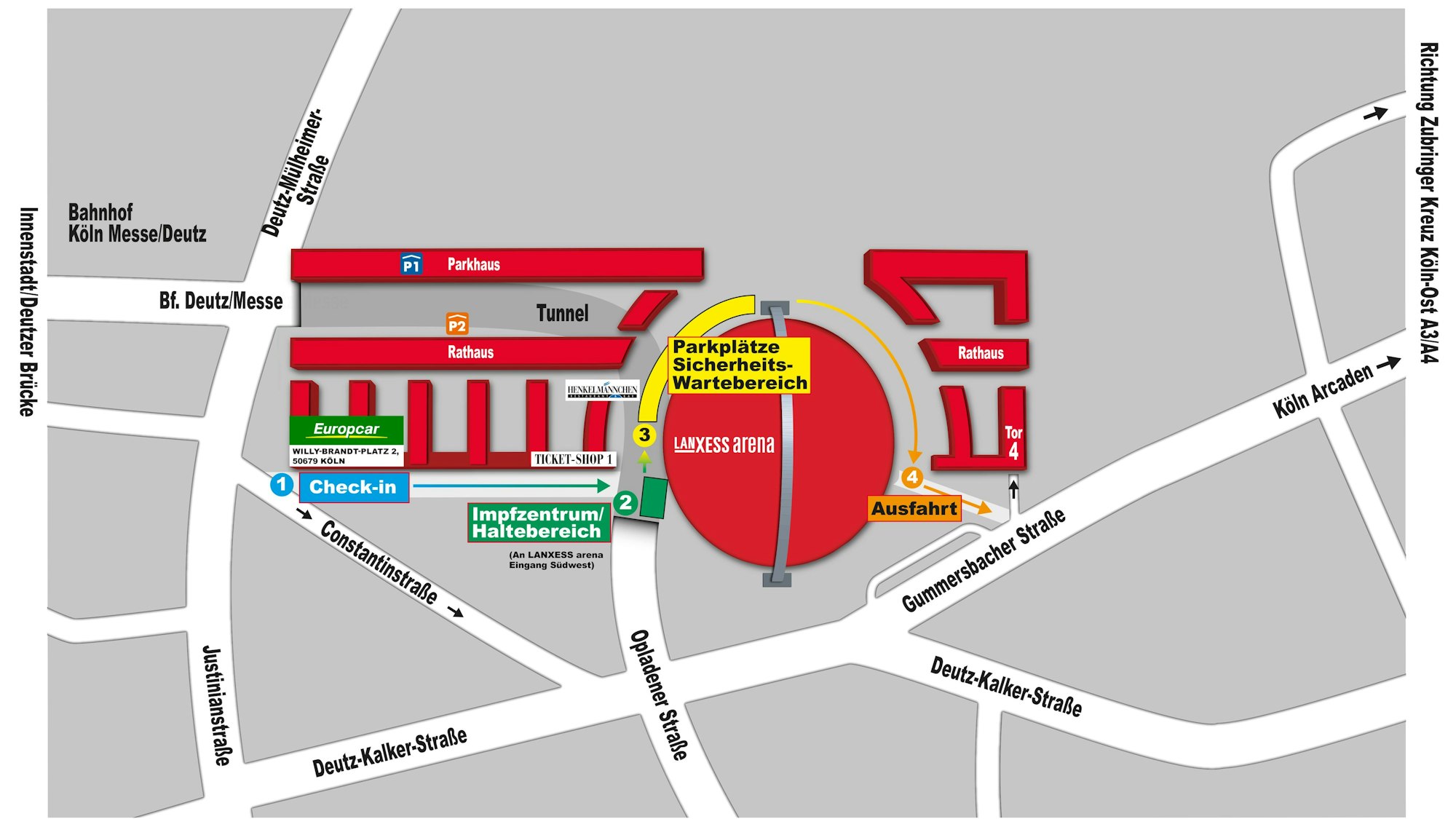 Köln: Skizze und Zufahrt zum neuen Impfzentrum der Stadt an der LANXESS Arena in Köln.