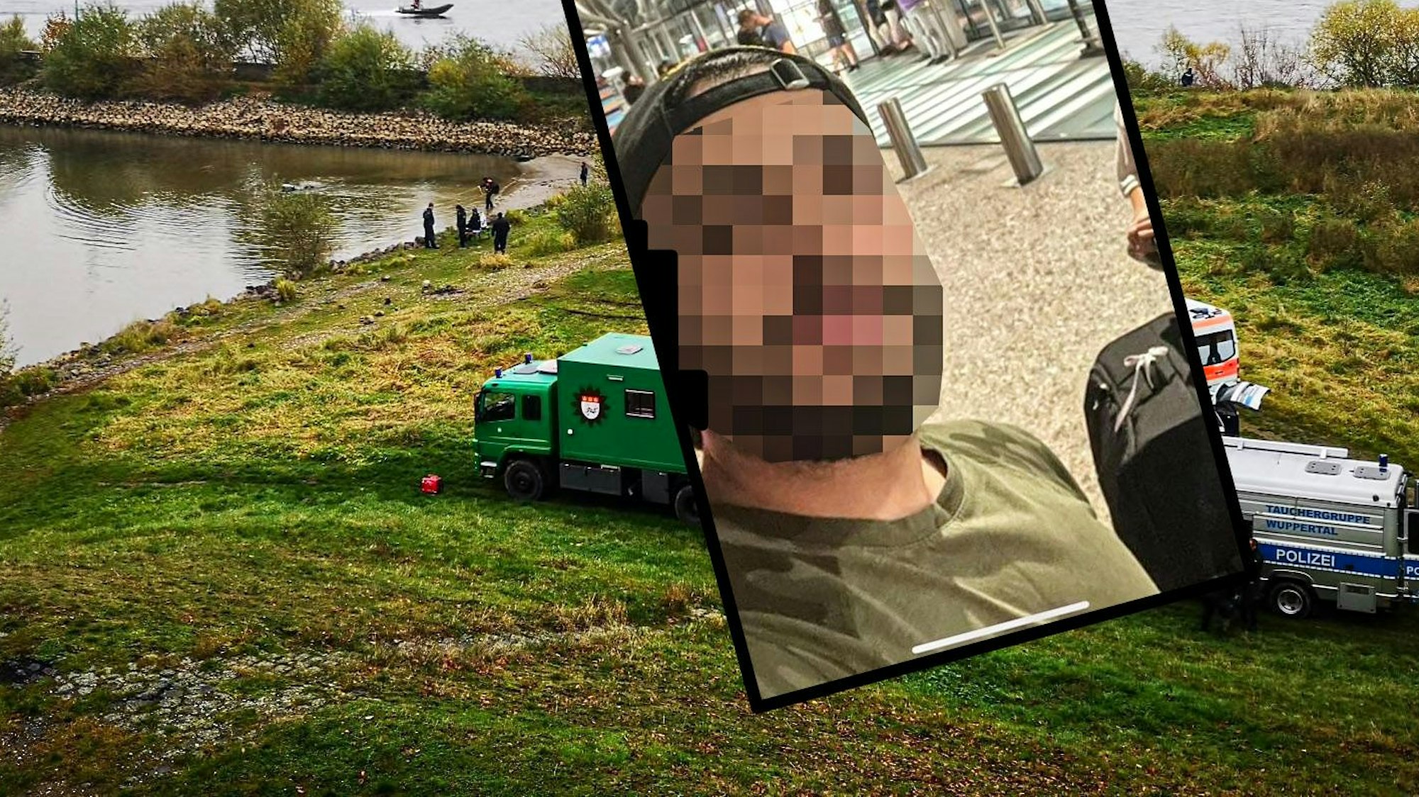 Polizeitaucher suchen an der Einfahrt zum Niehler Hafen nach Gegenständen, die im Zusammenhang mit einem Tötungsdelikt stehen.