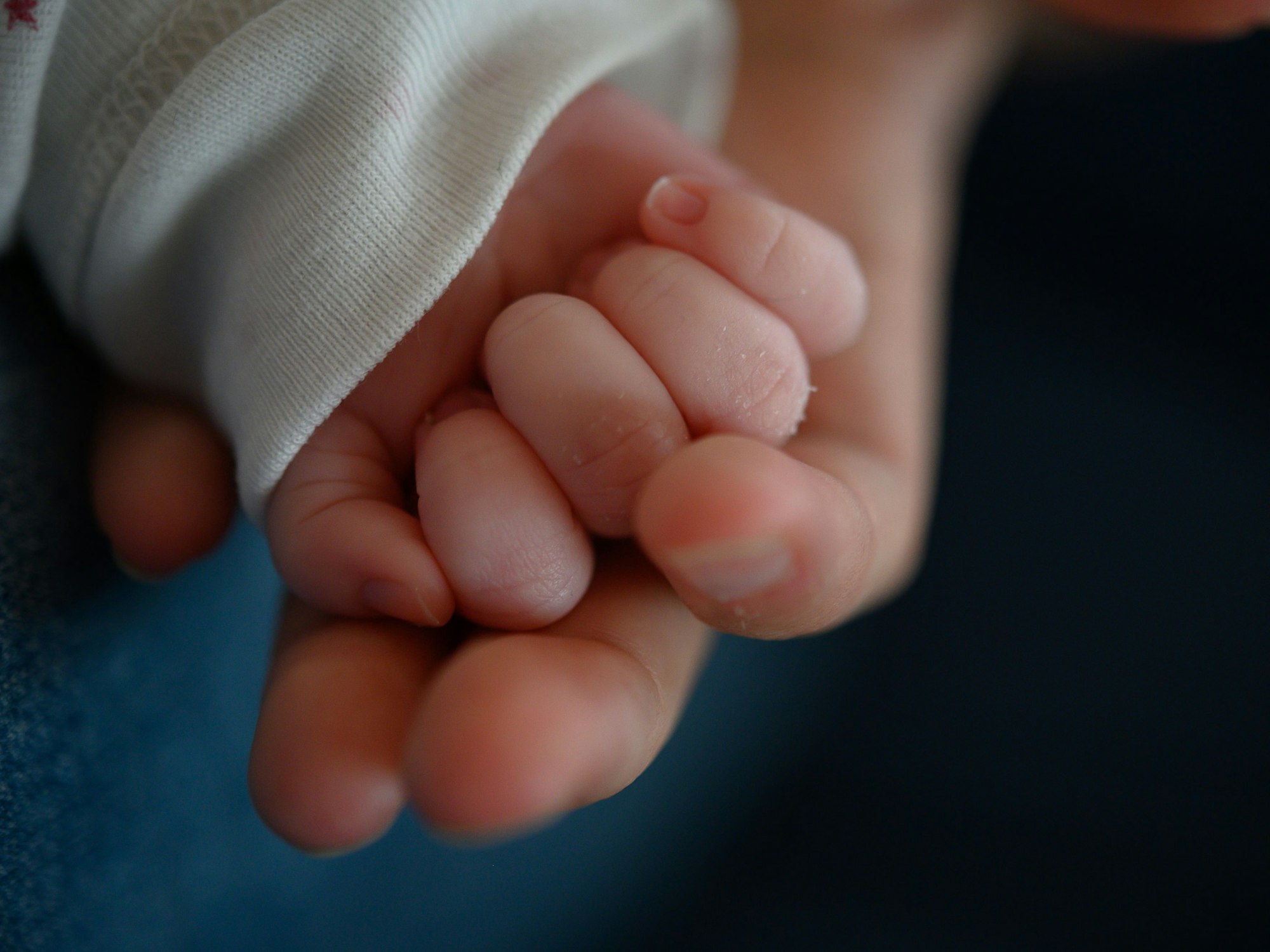 Die Hand eines Babys liegt in der Hand einer erwachsenen Person.