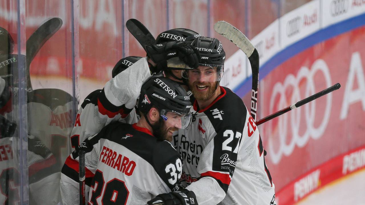 Die Spieler der Kölner Haie jubeln über einen Treffer