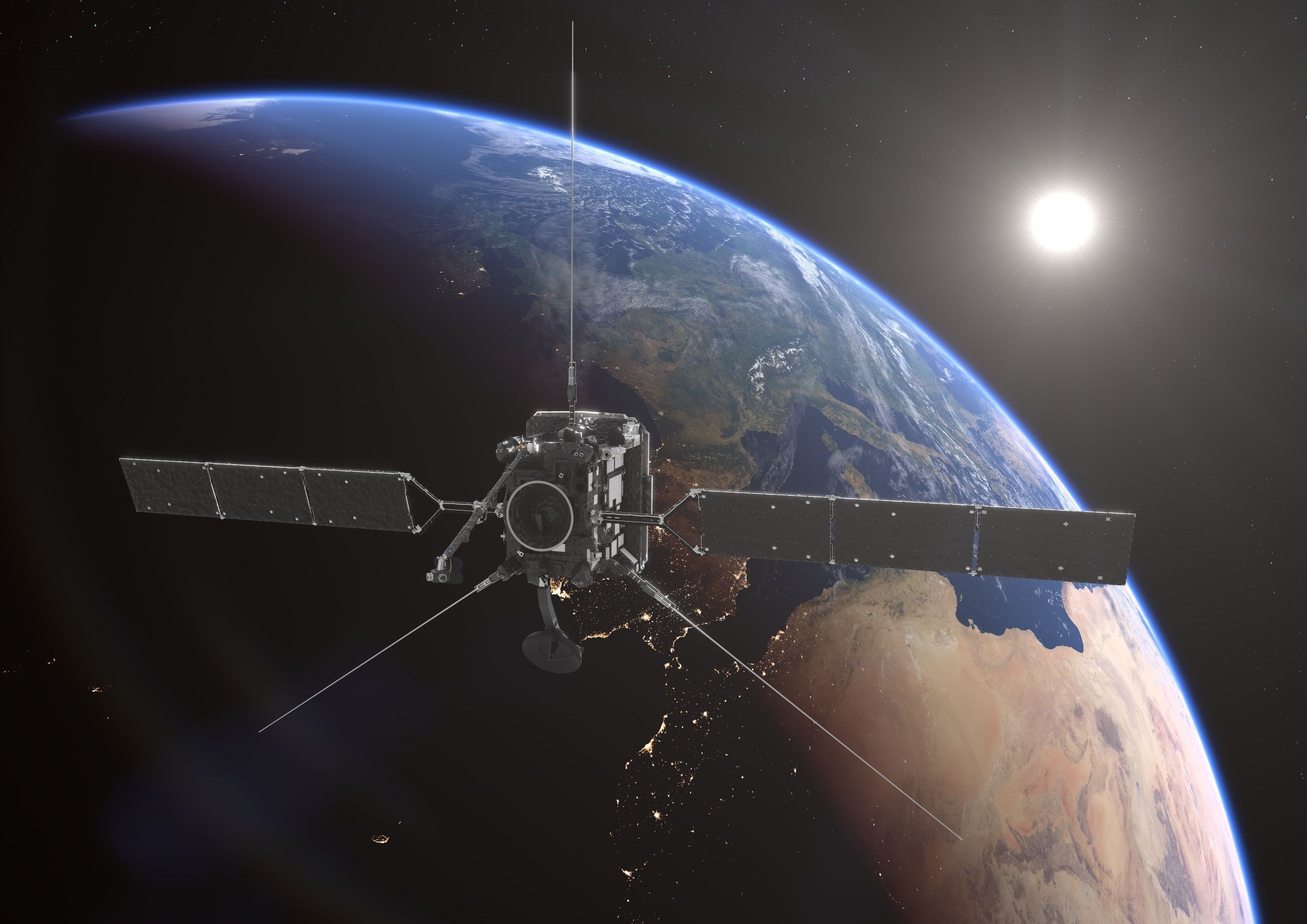 Das Foto (aufgenommen am 24. November 2021) zeigt eine künstlerische Darstellung von der Forschungssonde „Solar Orbiter“ bei einem Vorbeiflug an der Erde.