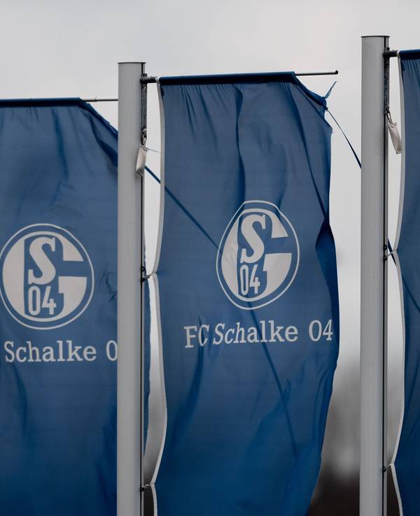 Fahnen mit dem Logo des FC Schalke 04 wehen auf dem Trainingsgelände in Gelsenkirchen.