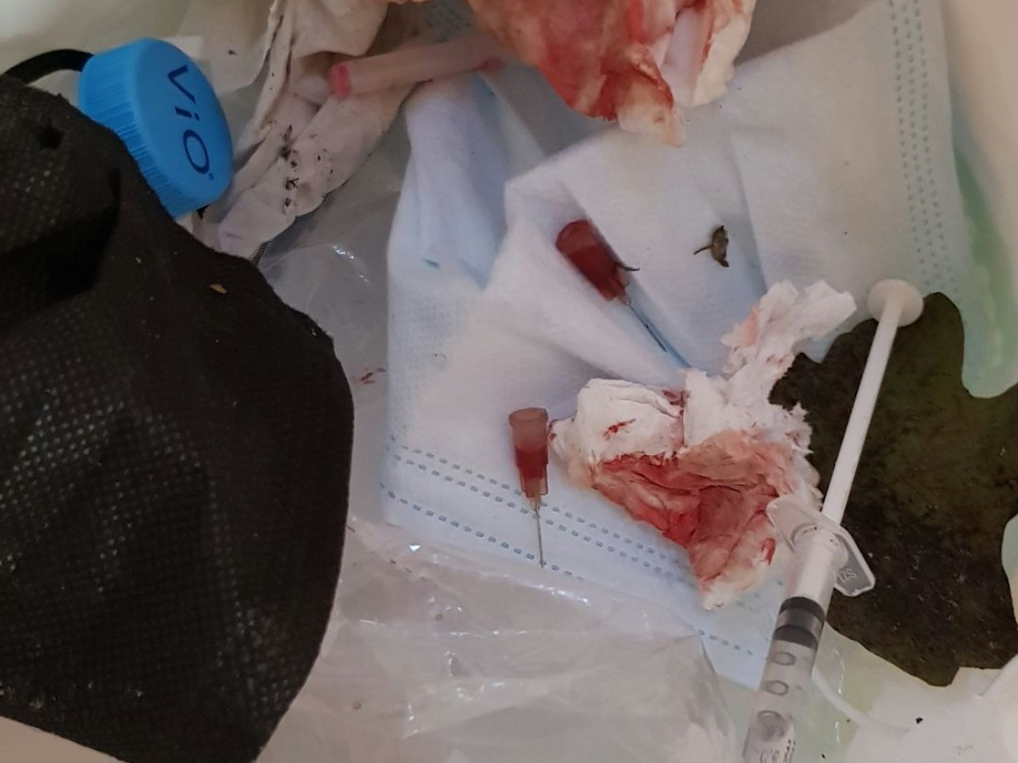 Eine Spritze, blutige Nadeln, blutgetränkte Tücher