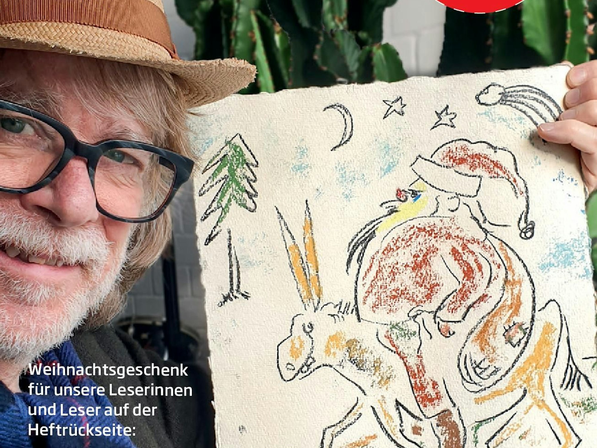 Helge Schneider zeigt das Bild eines Weihnachtsmannes, das er für die neue fiftyfifty-Ausgabe gemalt hat.