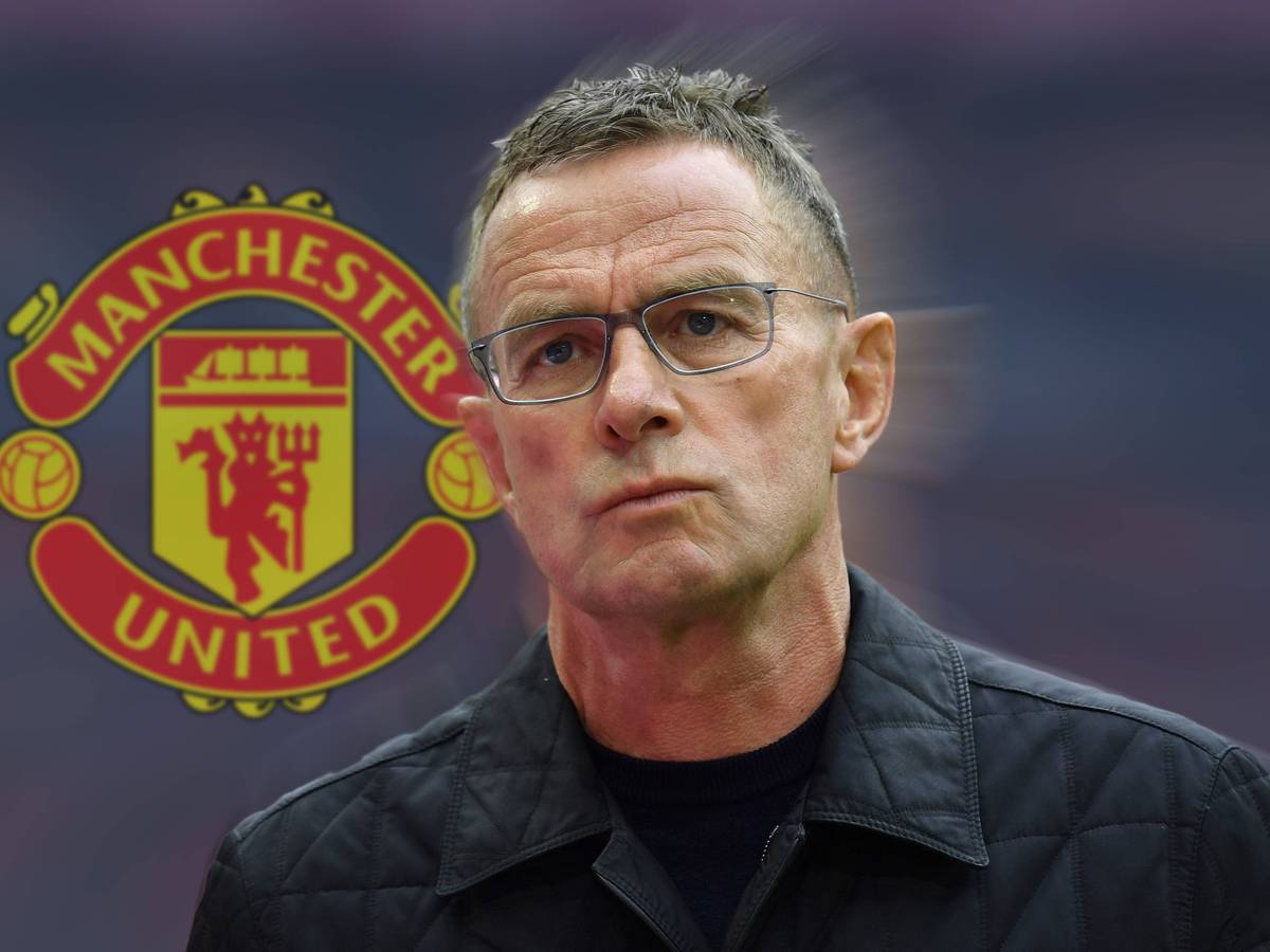 Fotomontage: Ralf Rangnick vor dem Wappen von Manchester United