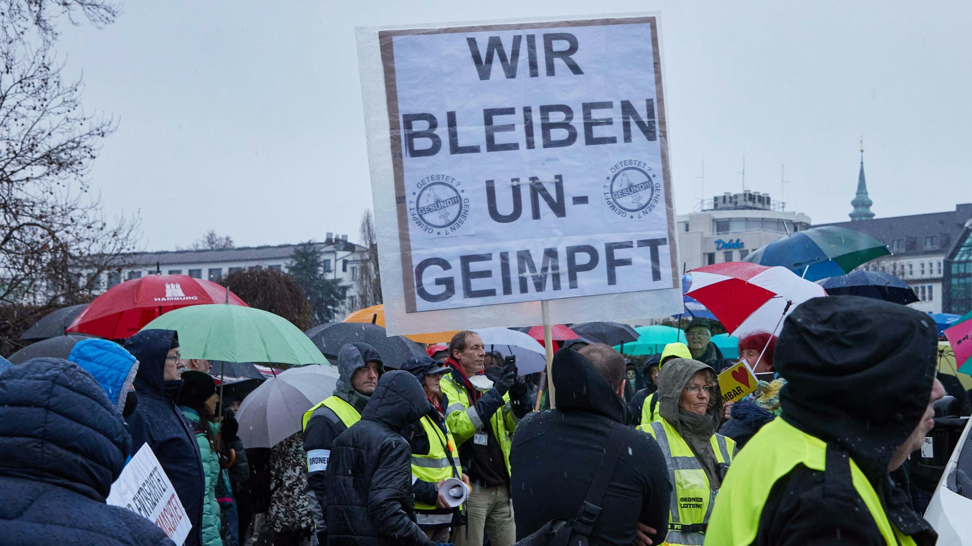 Teilnehmer einer Demonstration von Corona-Impfgegnern auf dem Glockengießerwall in Hamburg.