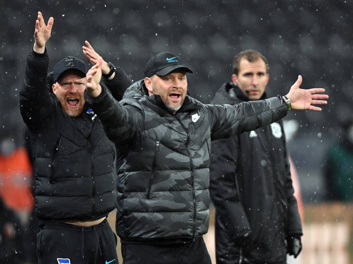 Herthas Cheftrainer Pal Dardai (M) und Co-Trainer Andreas Zecke Neuendorf (l) reagieren zum Ende des Spiels.