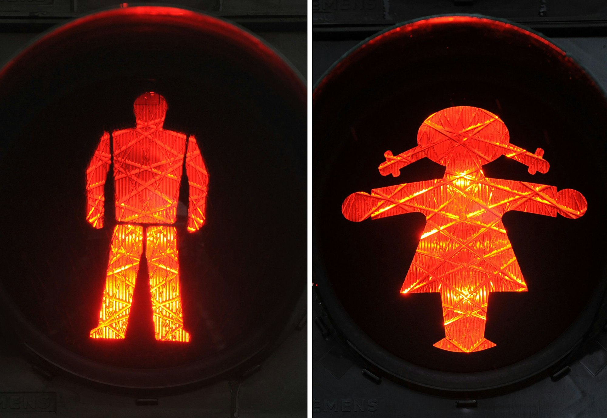 Ampelmann und Ampelfrau leuchten rot (links)