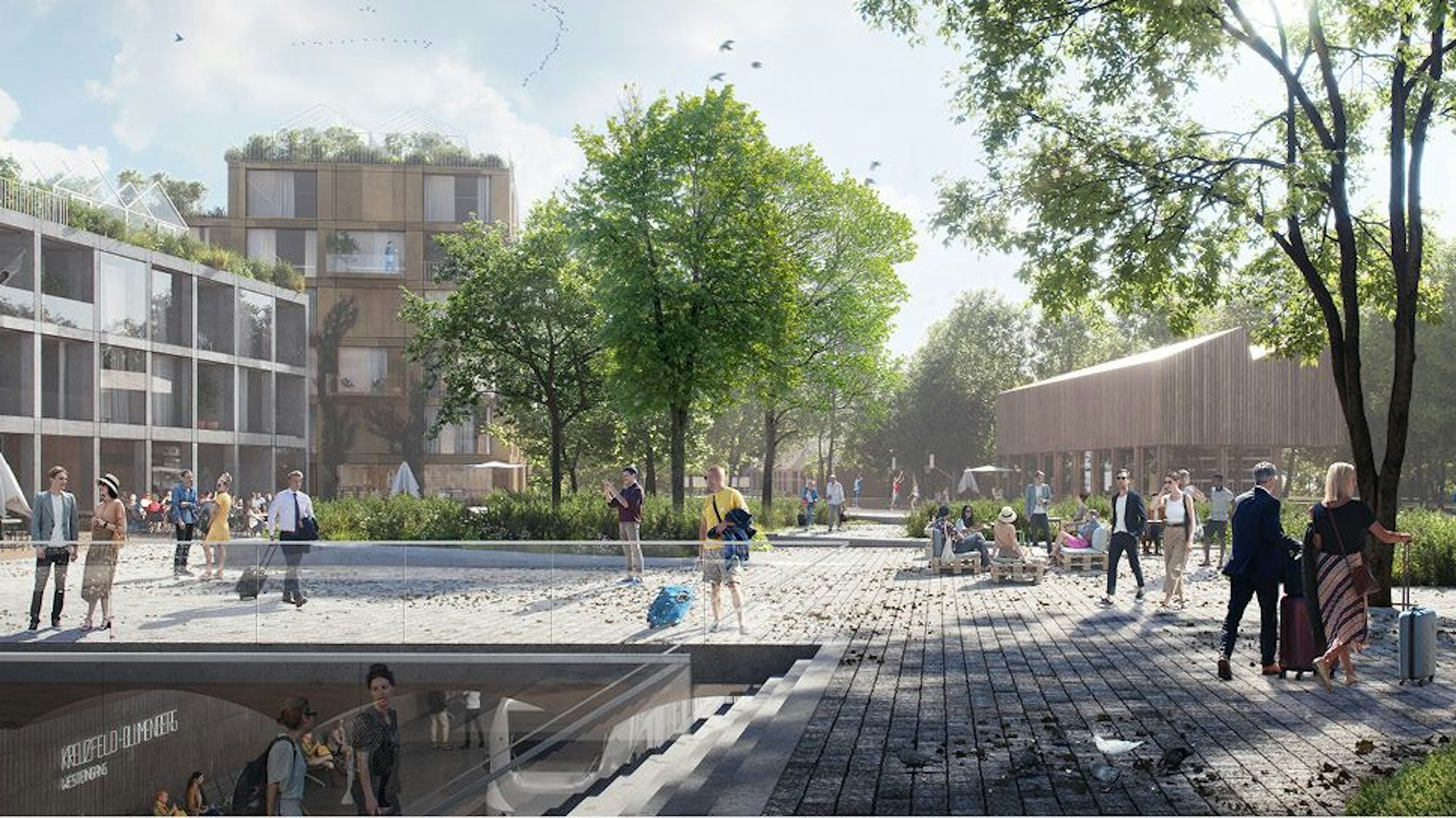 Eine Visualisierung mit Menschen, die auf einem Platz stehen.