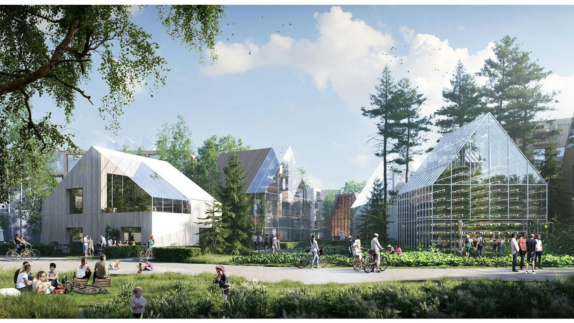 Eine Visualisierung mit Gebäuden und Menschen, die sich davor aufhalten.