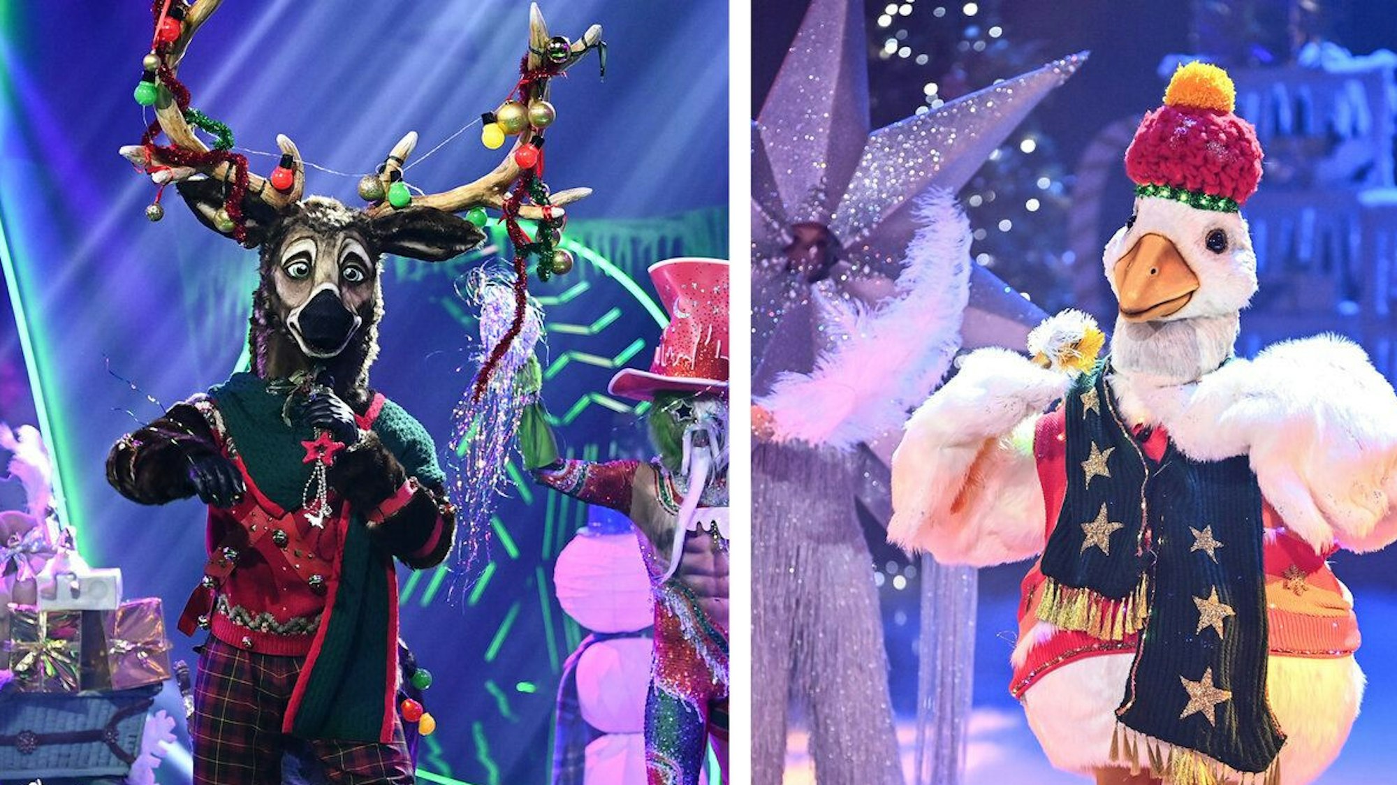 Zwei maskierte Sänger bei „The Masked Singer“.