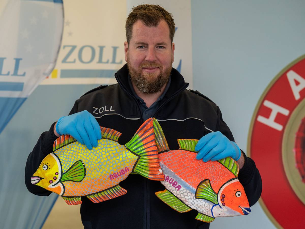 Der Zollbeamte Jens Ahland zeigt kuriose Drogenverstecke, wie zwei bunte Fische, die aus gepresstem Kokain bestehen.