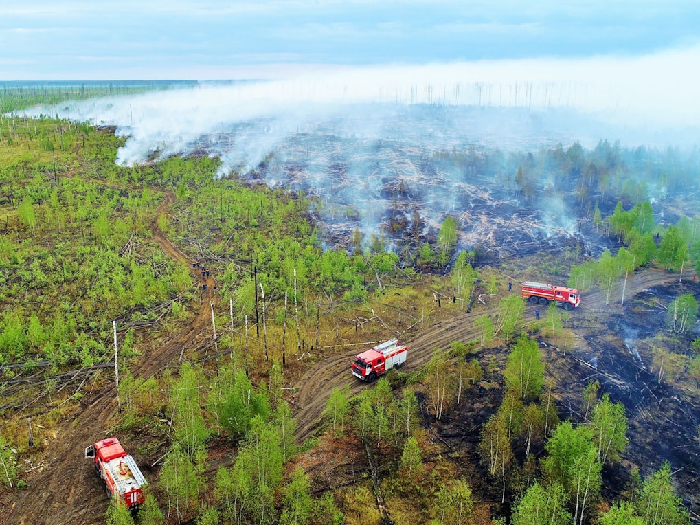 In Sibirien haben Wissenschaftler 2020 einen Temperaturrekord gemessen. Das Thermometer stieg auf einen Wert von 38 Grad plus. Unser undatiertes Foto zeigt Einsatzkräfte beim Löschen eines Waldbrandes in Sibirien.
