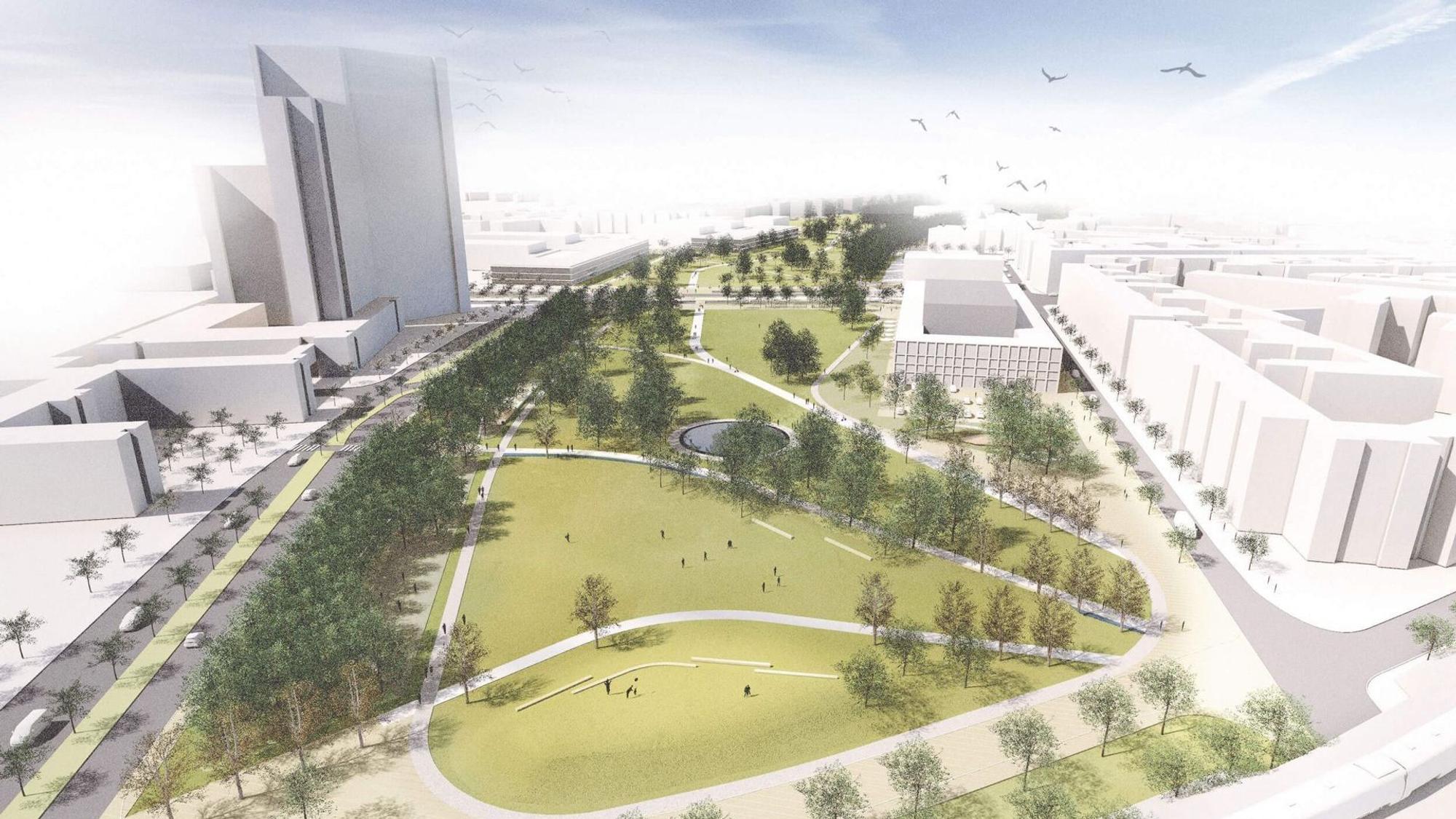 Bauentwurf des neuen Parks in der Kölner Südstadt aus der Vogelperspektive