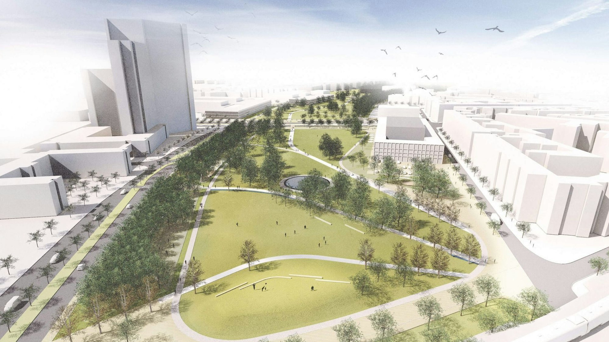 Bauentwurf des neuen Parks in der Kölner Südstadt aus der Vogelperspektive