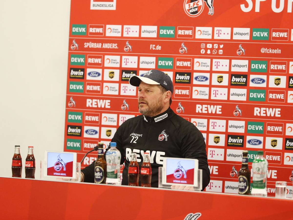Steffen Baumgart gibt beim 1. FC Köln eine Pressekonferenz.