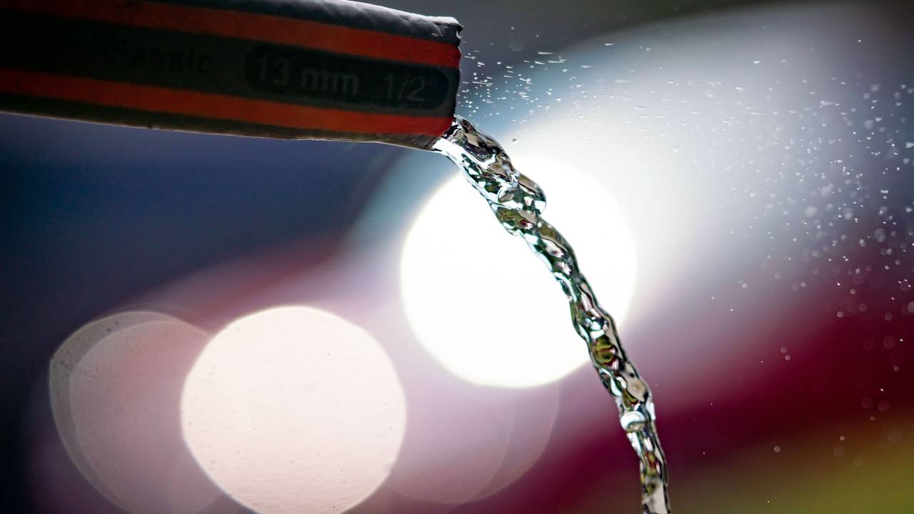 Wasser fließt in einem Frankfurter Vorgarten aus einem Gartenschlauch.