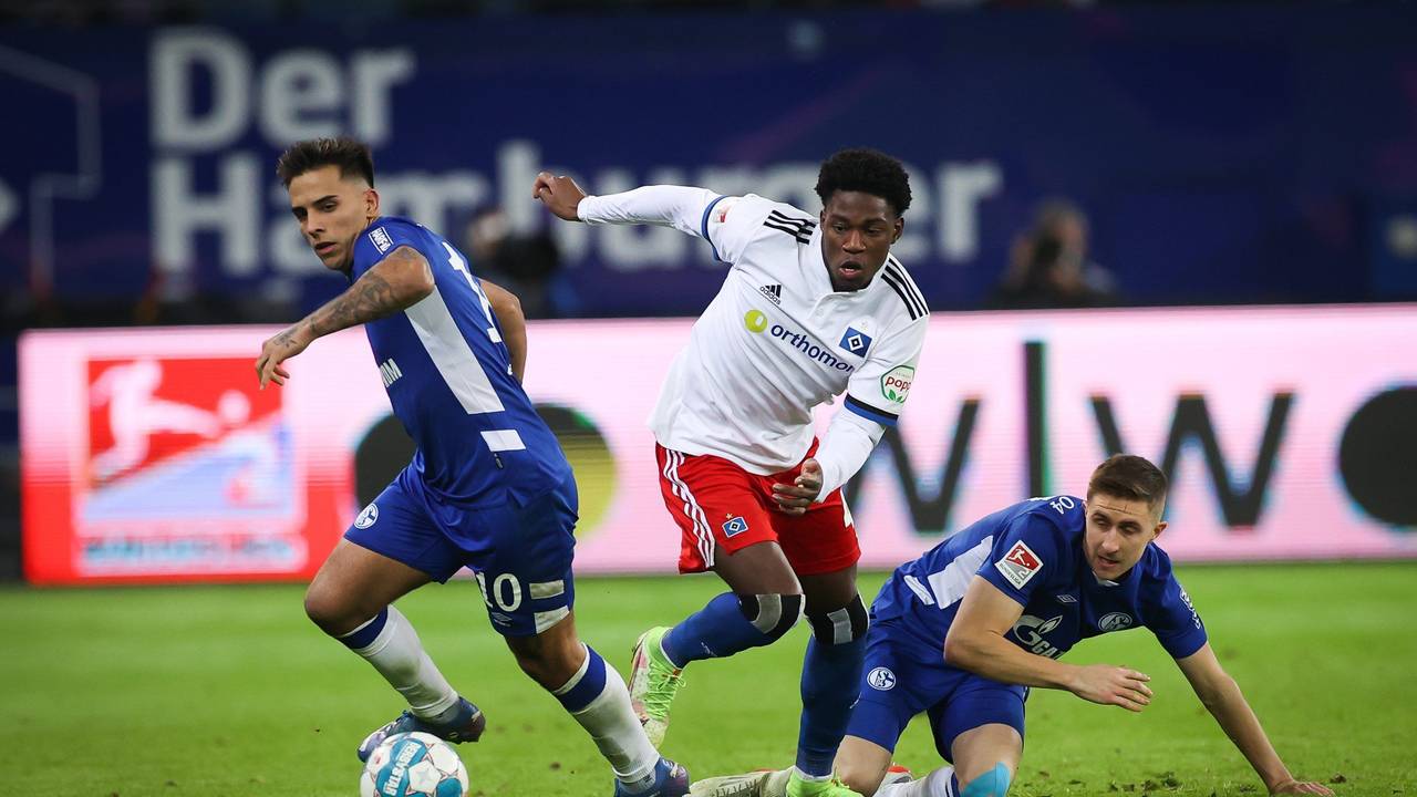 Hamburgs Faride Alidou (M) und Schalkes Rodrigo Zalazar (l) und Schalkes Thomas Ouwejan im Kampf um den Ball.