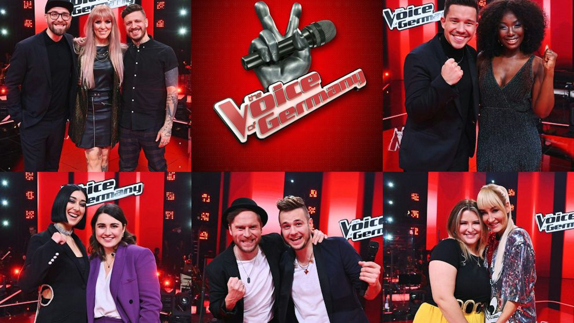 The Voice of Germany 2021 (oben v.l.n.r.:) Mark Forster; Charlene; Florian; Nico Santos; Gugu; unten v.l.n.r.: Elif; Linda; Johannes Oerding; Sebastian; Katarina; Sarah Connor.