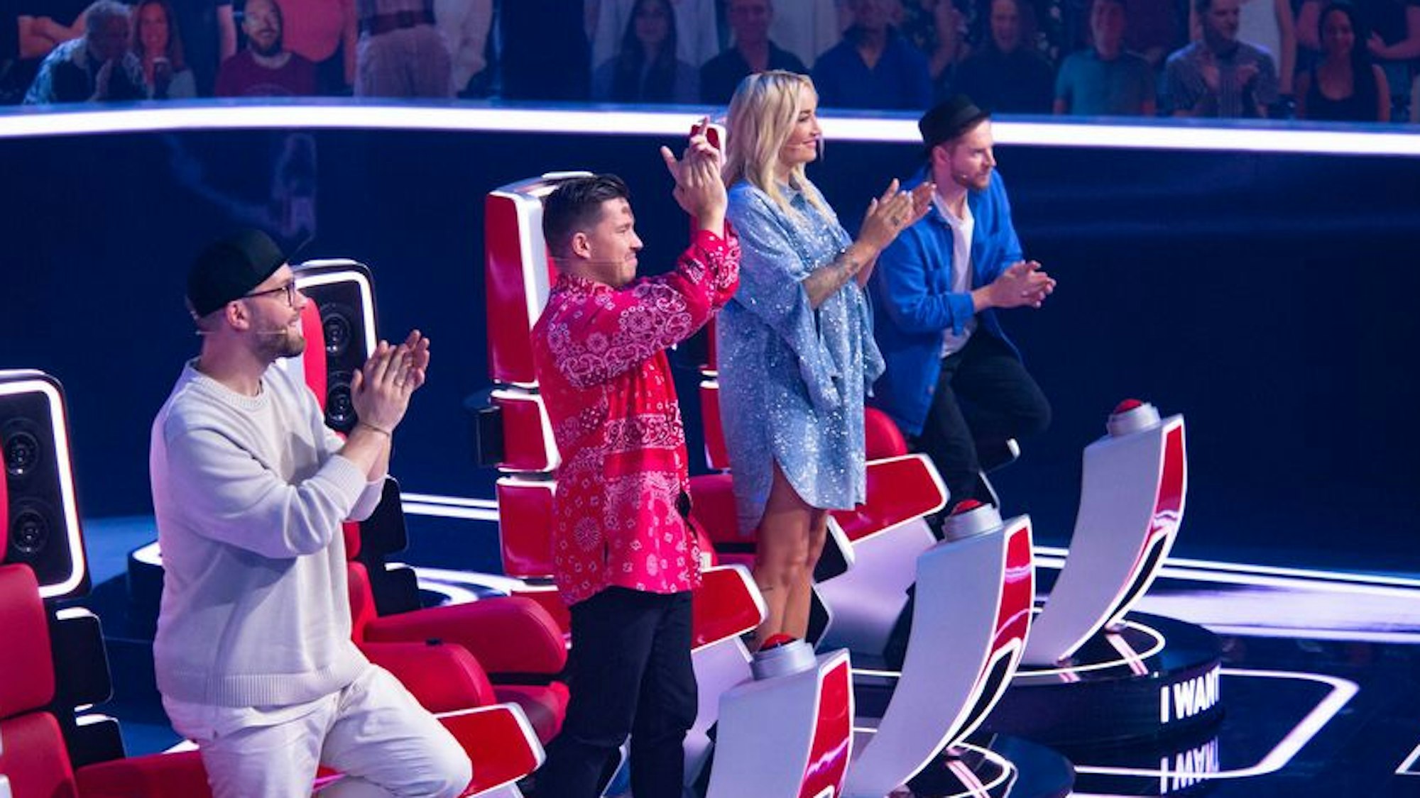 Die Coaches von „The Voice of Germany“ 2021: Mark Forster, Nico Santos, Sarah Connor und Johannes Oerding (v.l.n.r.), aufgenommen Ende August 2021.