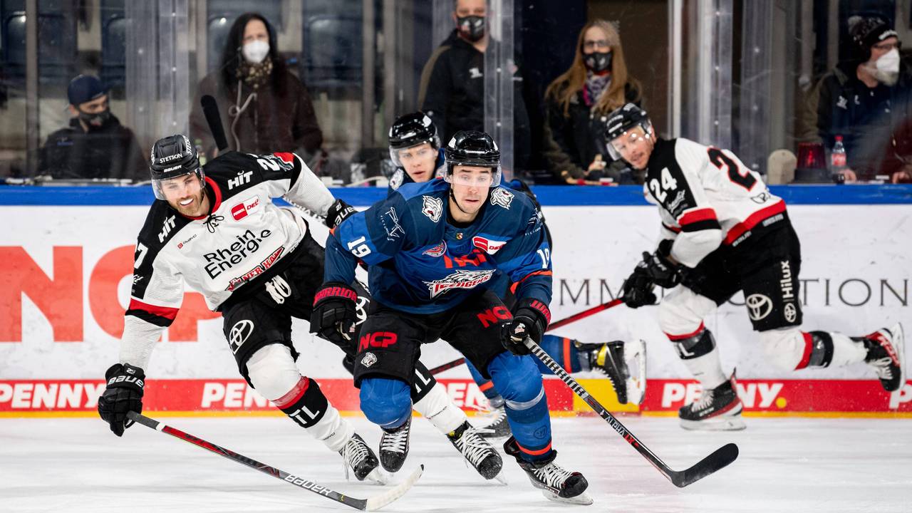 Pascal Zerressen (Kölner Haie) gegen Tim Fleischer (Nürnberg Ice Tigers).