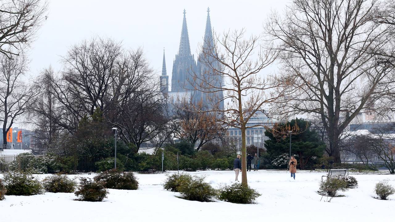 Köln: Schnee in Köln, Rheinpark
Blick auf den Dom