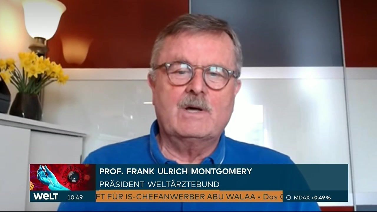 Das Foto zeigt den Weltärztebund-Vorstandsvorsitzenden Frank Ulrich Montgomery in einem Video-Interview mit dem Nachrichtensender Welt am 24.02.2021.